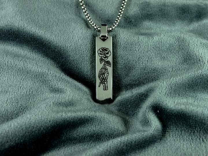 Silver Skull Rose Necklace, Tattoo Art