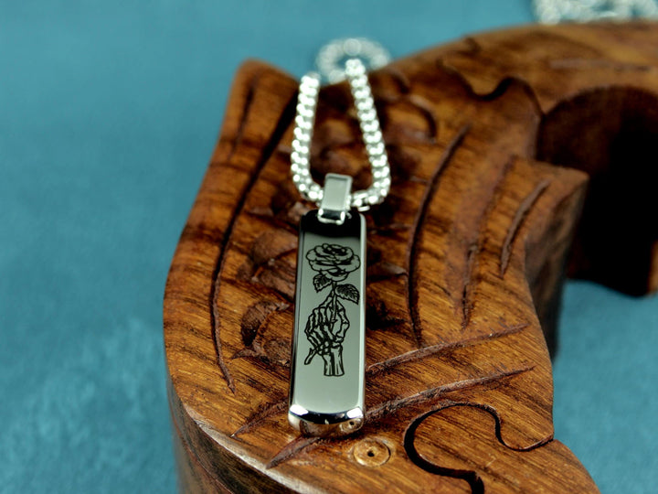 Silver Skull Rose Necklace, Tattoo Art