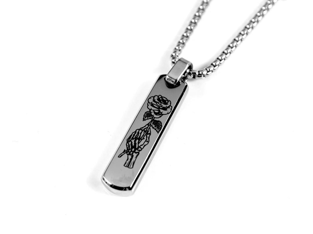 Silver Skull Rose Necklace, Tattoo Art