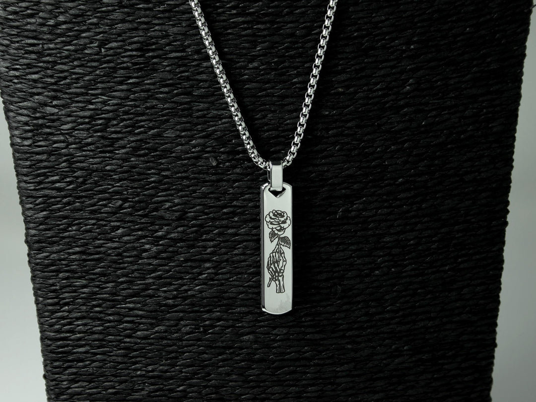 Silver Skull Rose Necklace, Tattoo Art