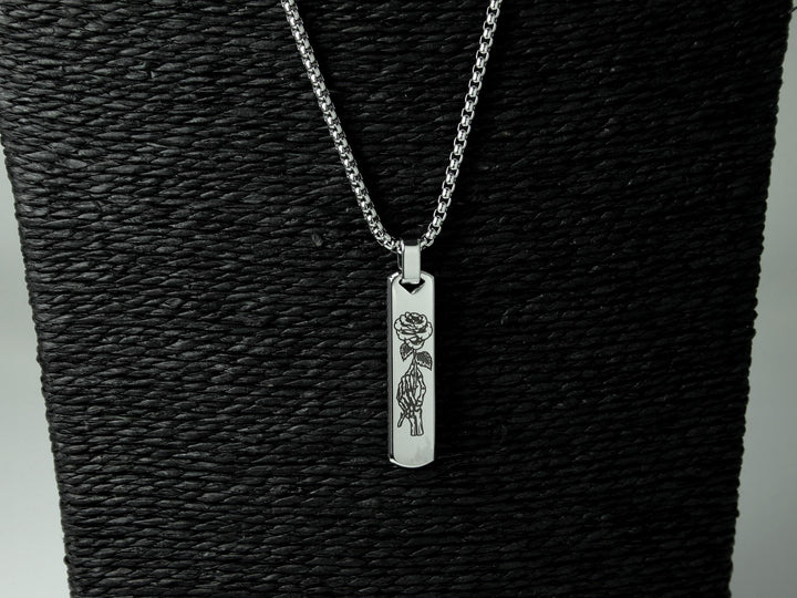 Silver Skull Rose Necklace, Tattoo Art