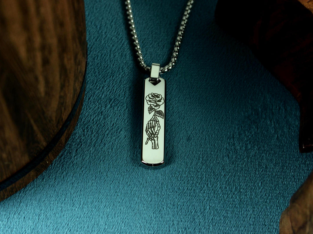 Silver Skull Rose Necklace, Tattoo Art
