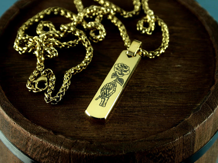 Gold Skull Pendant, Tattoo Style Rose Design