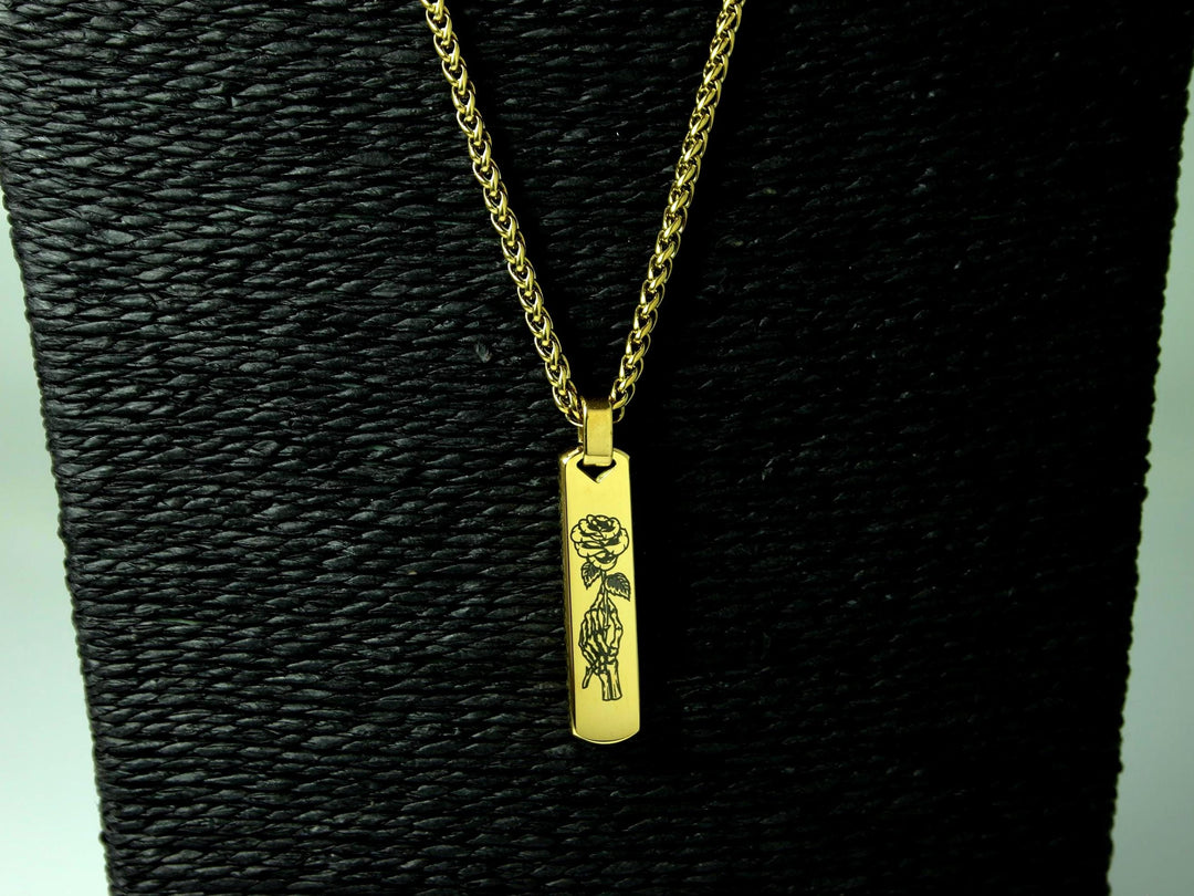 Gold Skull Pendant, Tattoo Style Rose Design