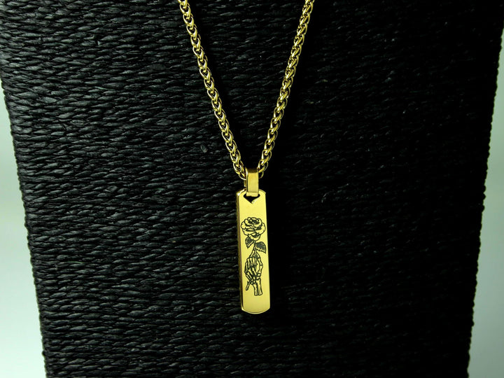 Gold Skull Pendant, Tattoo Style Rose Design