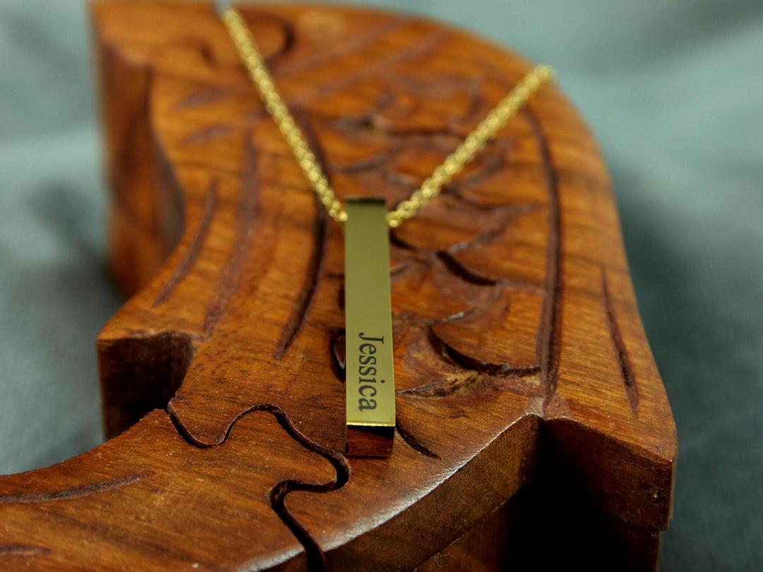 Gold Rectangle Pendant Necklace, Four Names