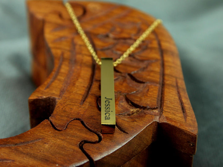 Gold Rectangle Pendant Necklace, Four Names