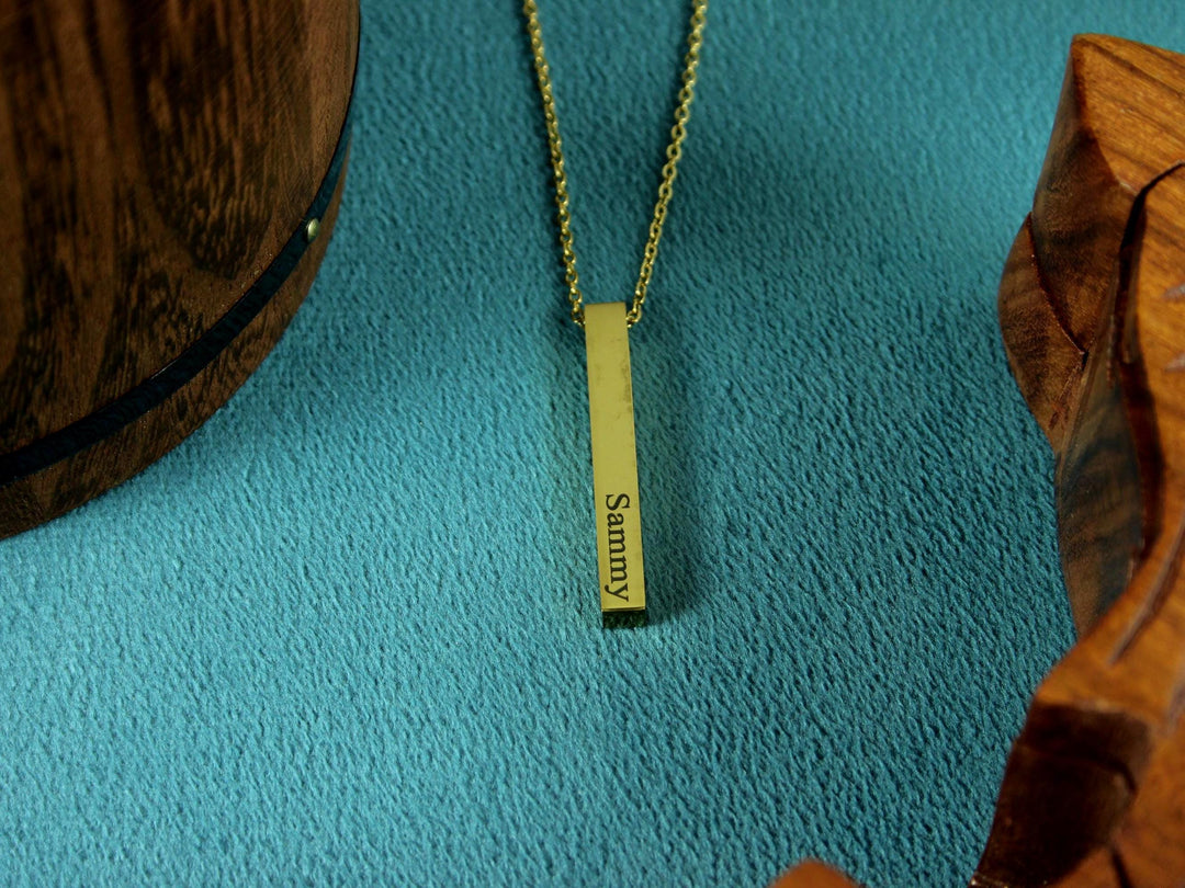 Gold Rectangle Pendant Necklace, Four Names