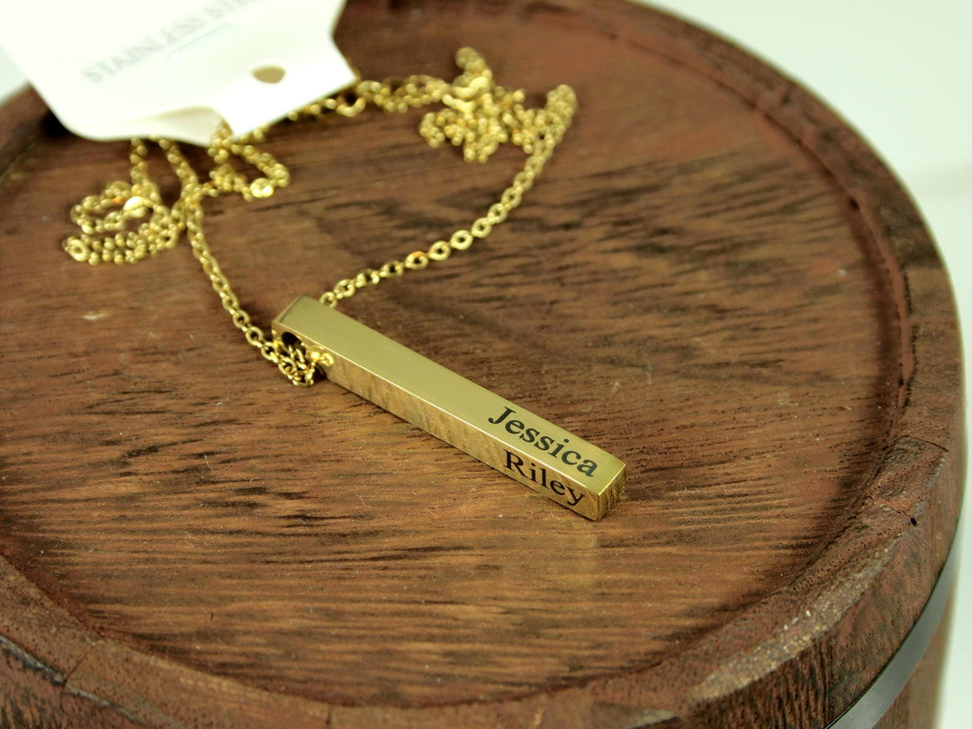 Gold Rectangle Pendant Necklace, Four Names