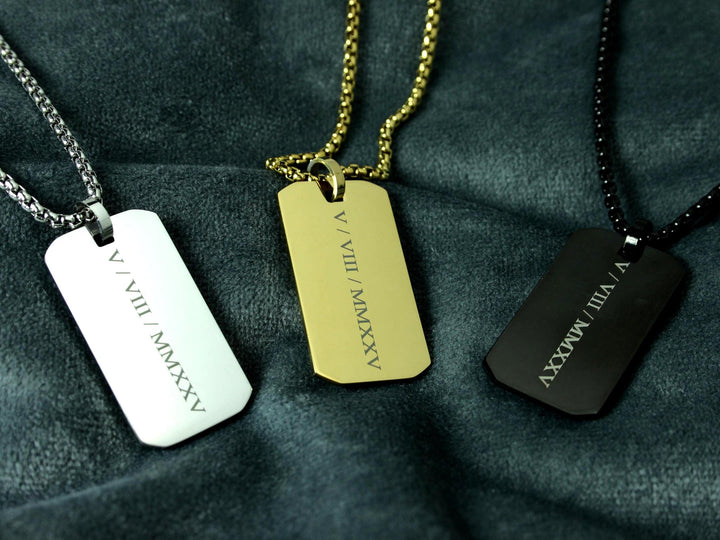 Personalised Roman Numerals Engraved Rectangle Necklace