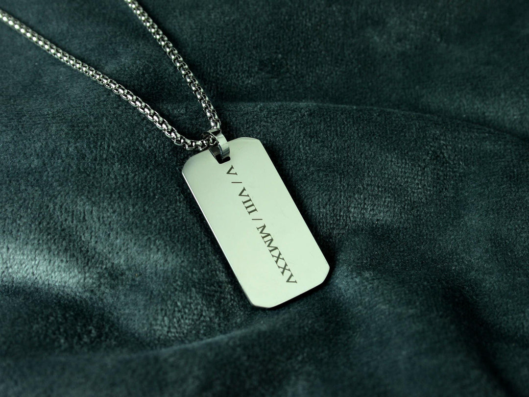 Personalised Roman Numerals Engraved Rectangle Necklace