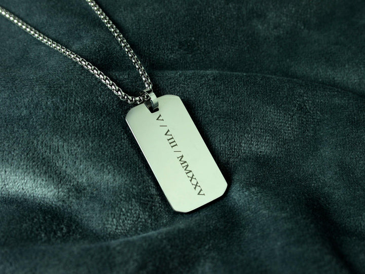 Personalised Roman Numerals Engraved Rectangle Necklace