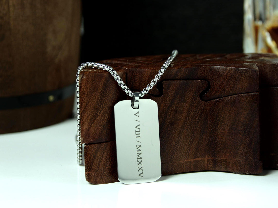 Personalised Roman Numerals Engraved Rectangle Necklace