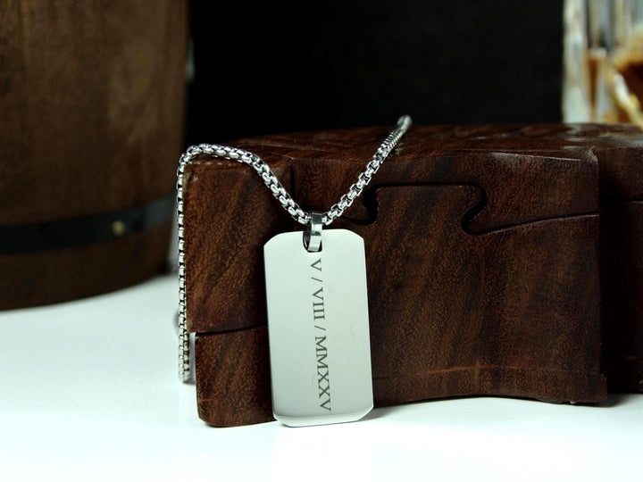 Personalised Roman Numerals Engraved Rectangle Necklace
