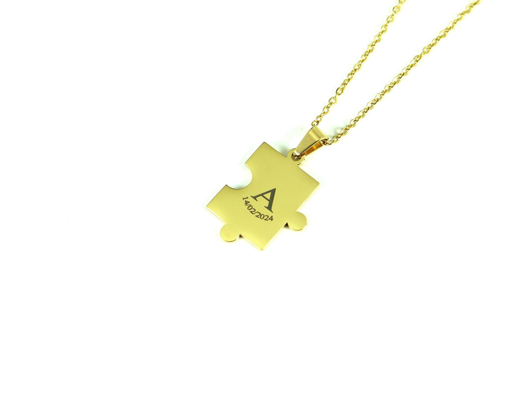 Gold Puzzle Piece Pendant, Small Initial with Date Engraved