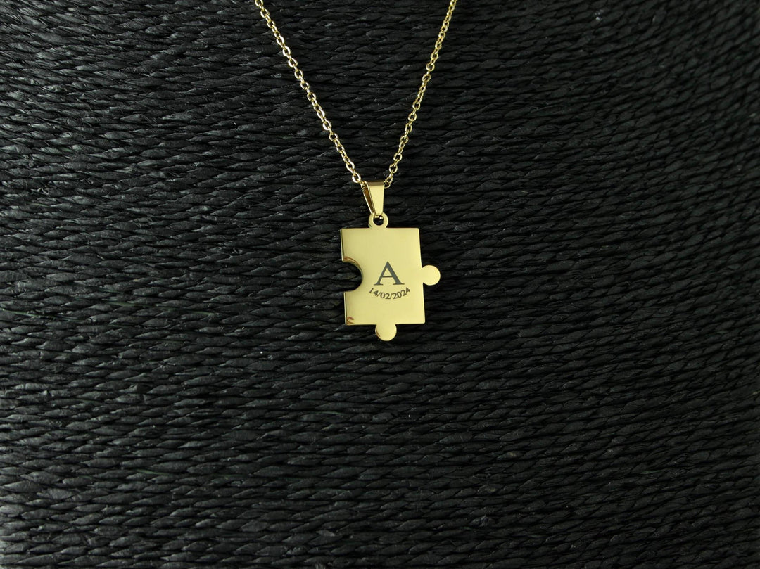 Gold Puzzle Piece Pendant, Small Initial with Date Engraved
