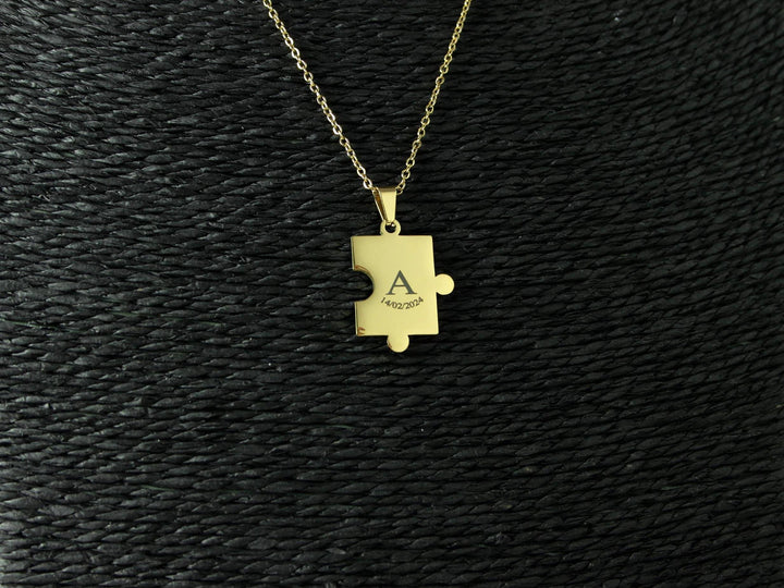 Gold Puzzle Piece Pendant, Small Initial with Date Engraved