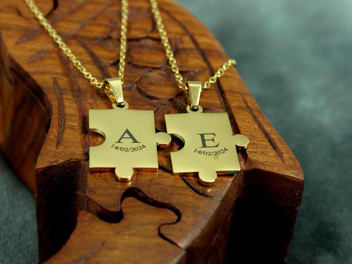 Gold Puzzle Piece Pendant, Small Initial with Date Engraved