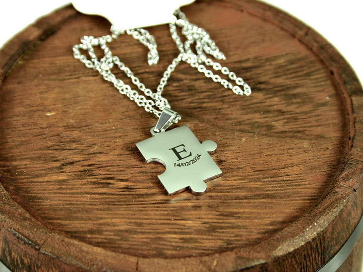 Puzzle Piece Necklace, Custom Initial and Date