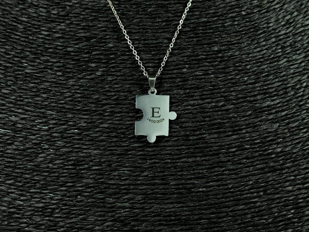 Puzzle Piece Necklace, Custom Initial and Date
