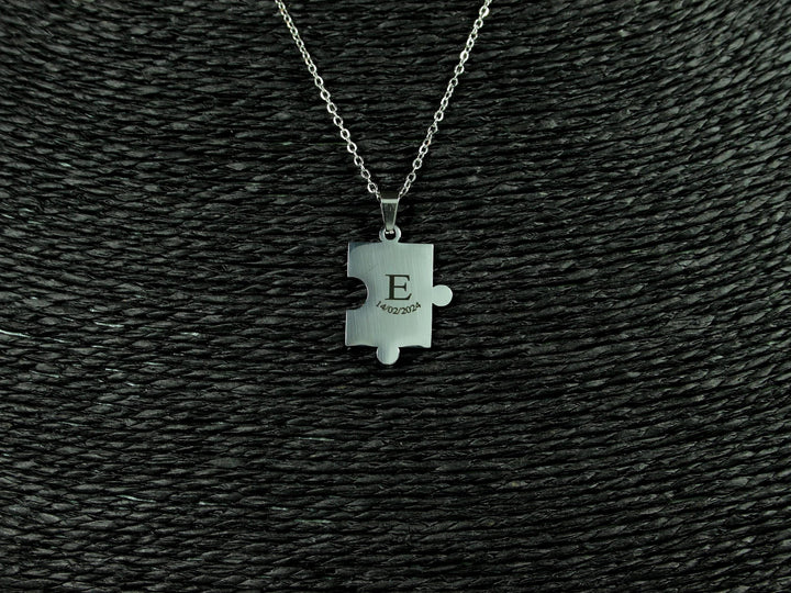 Puzzle Piece Necklace, Custom Initial and Date
