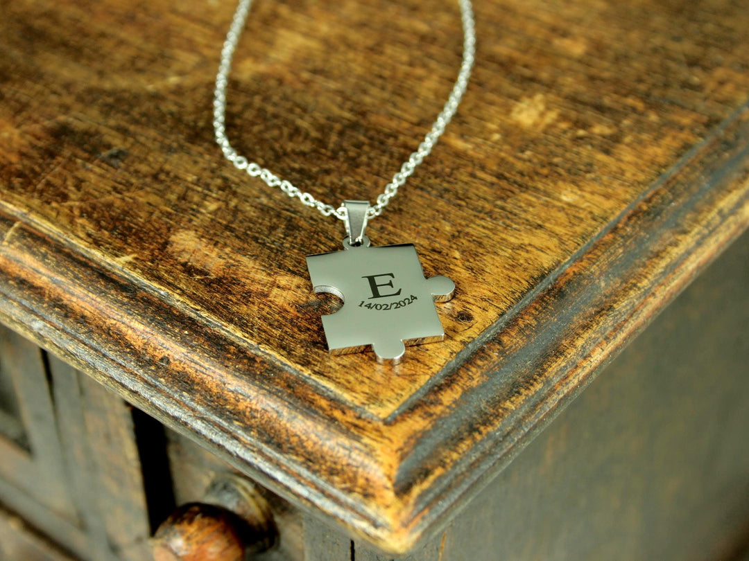 Puzzle Piece Necklace, Custom Initial and Date