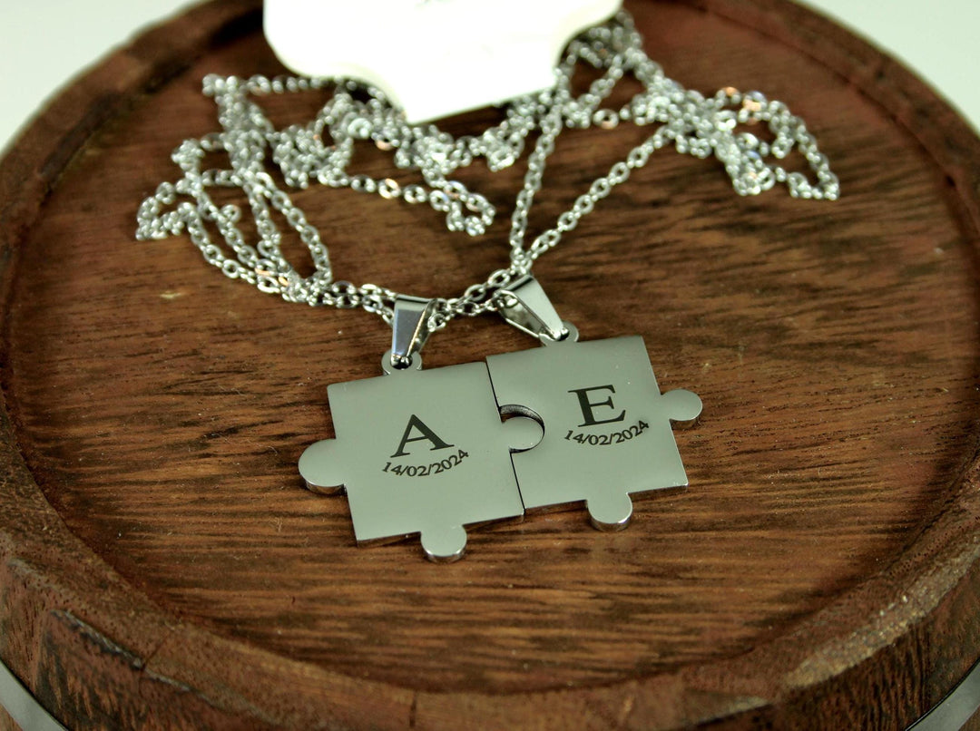 Puzzle Piece Necklace, Custom Initial and Date