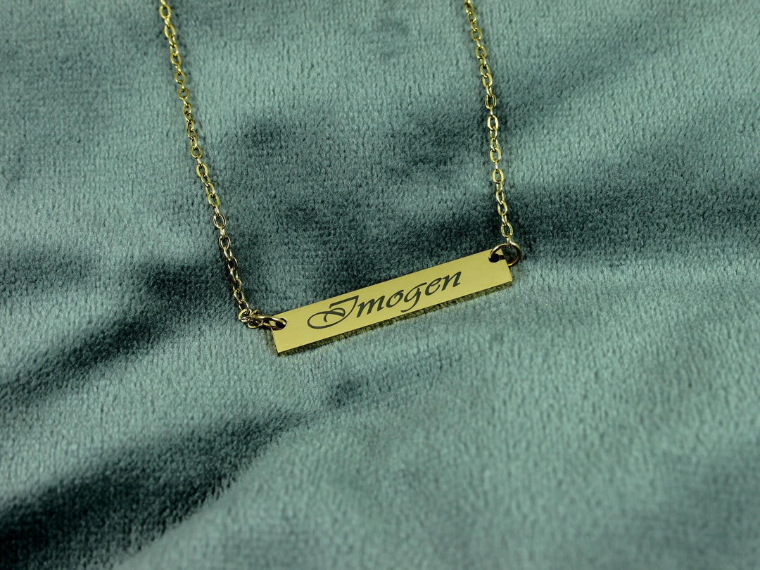 Gold Bar Name Pendant Swirly Engraved Necklace