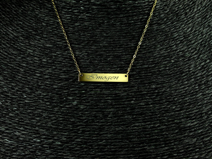 Gold Bar Name Pendant Swirly Engraved Necklace