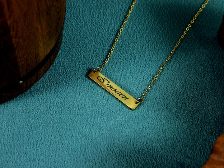 Gold Bar Name Pendant Swirly Engraved Necklace