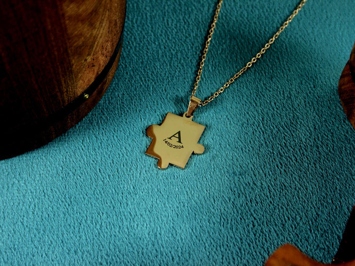 Rose Gold Puzzle Necklace, Initial and Date Pendant