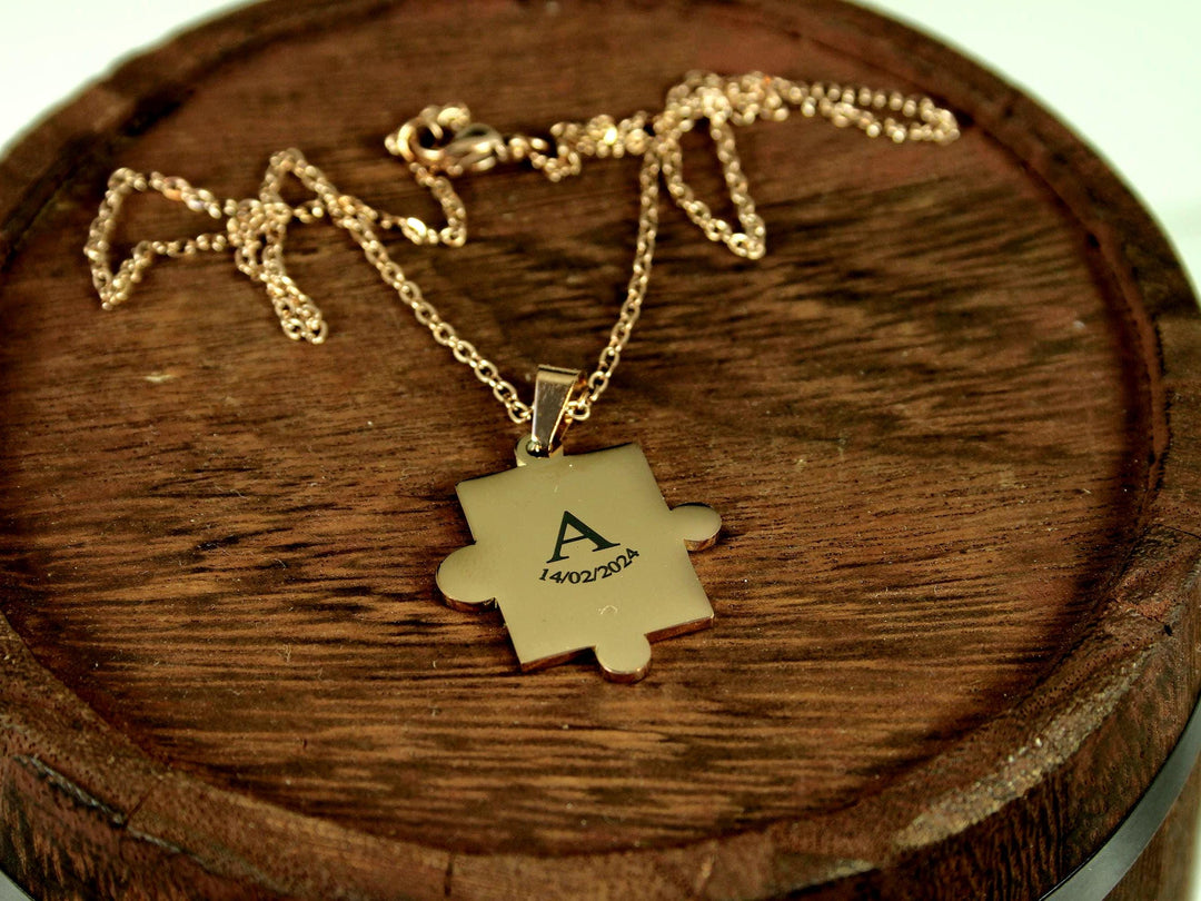 Rose Gold Puzzle Necklace, Initial and Date Pendant