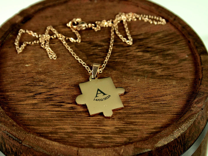 Rose Gold Puzzle Necklace, Initial and Date Pendant