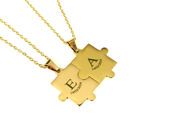 Couples Puzzle Necklace Set, Matching Initials and Date