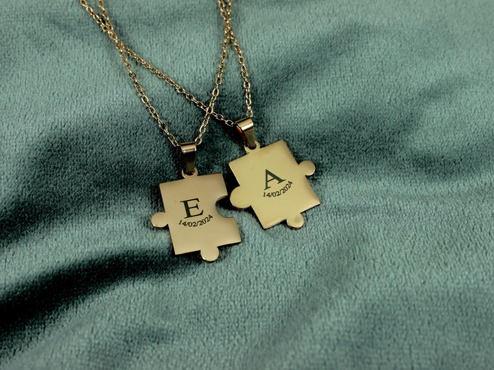 Couples Puzzle Necklace Set, Matching Initials and Date