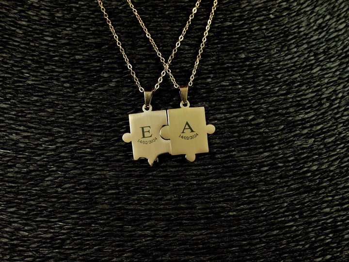 Couples Puzzle Necklace Set, Matching Initials and Date