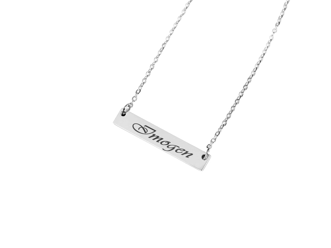 Silver necklace with a bar pendant engraved with 'Amogen' on a white background