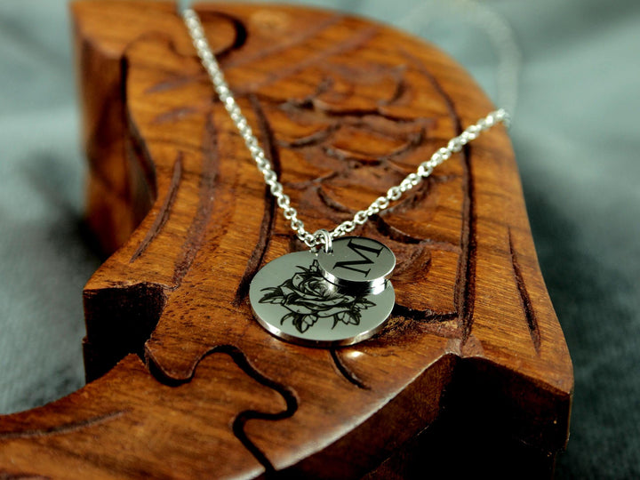 Silver Birth Flower Initial Necklace