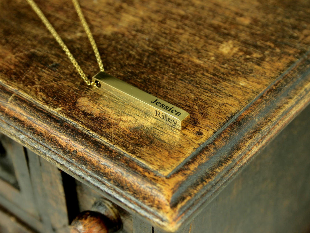 Gold Rectangle Pendant Necklace, Four Names