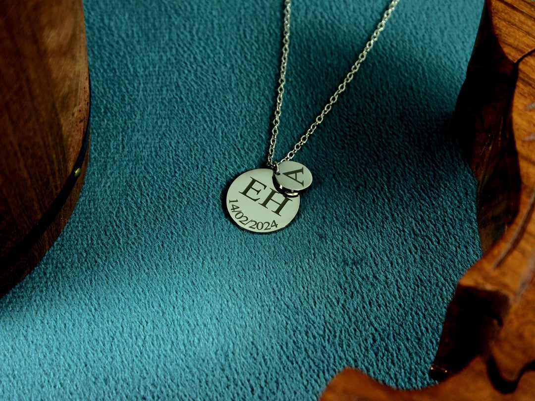 Custom Double Circle Initial, Date Necklace