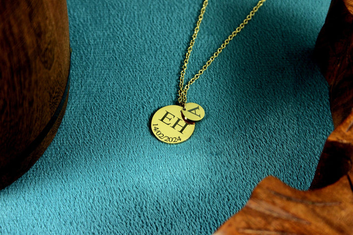 Gold Double Circle Initial & Date Necklace