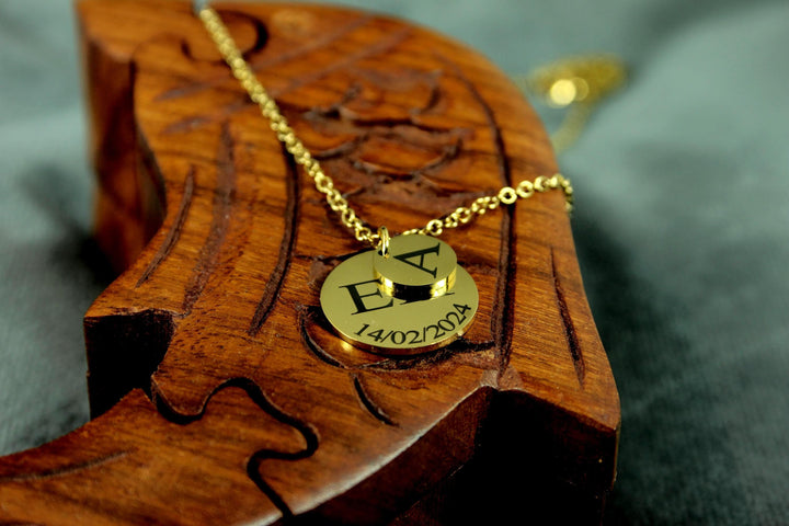 Gold Double Circle Initial & Date Necklace