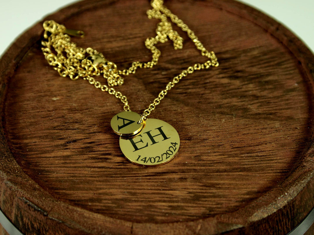 Gold Double Circle Initial & Date Necklace