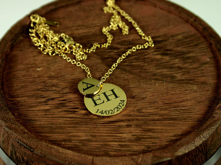Gold Double Circle Initial & Date Necklace