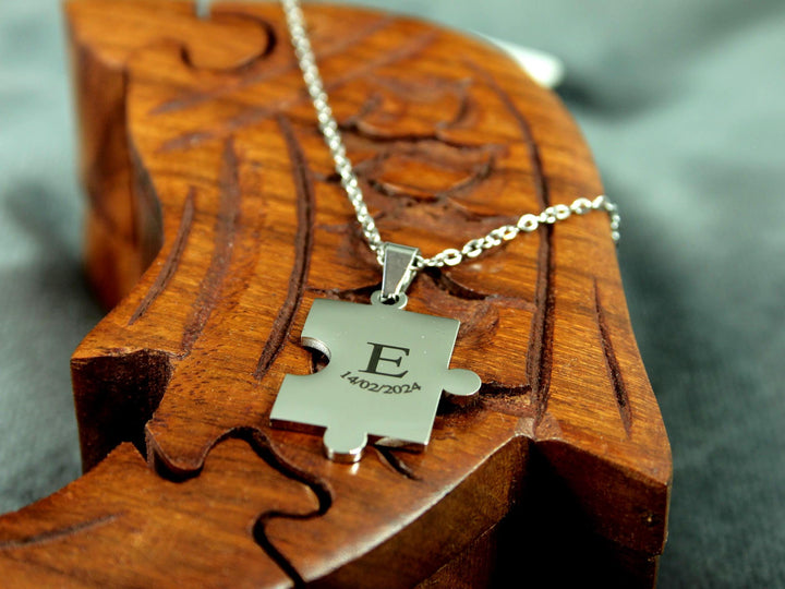 Puzzle Piece Necklace, Custom Initial and Date