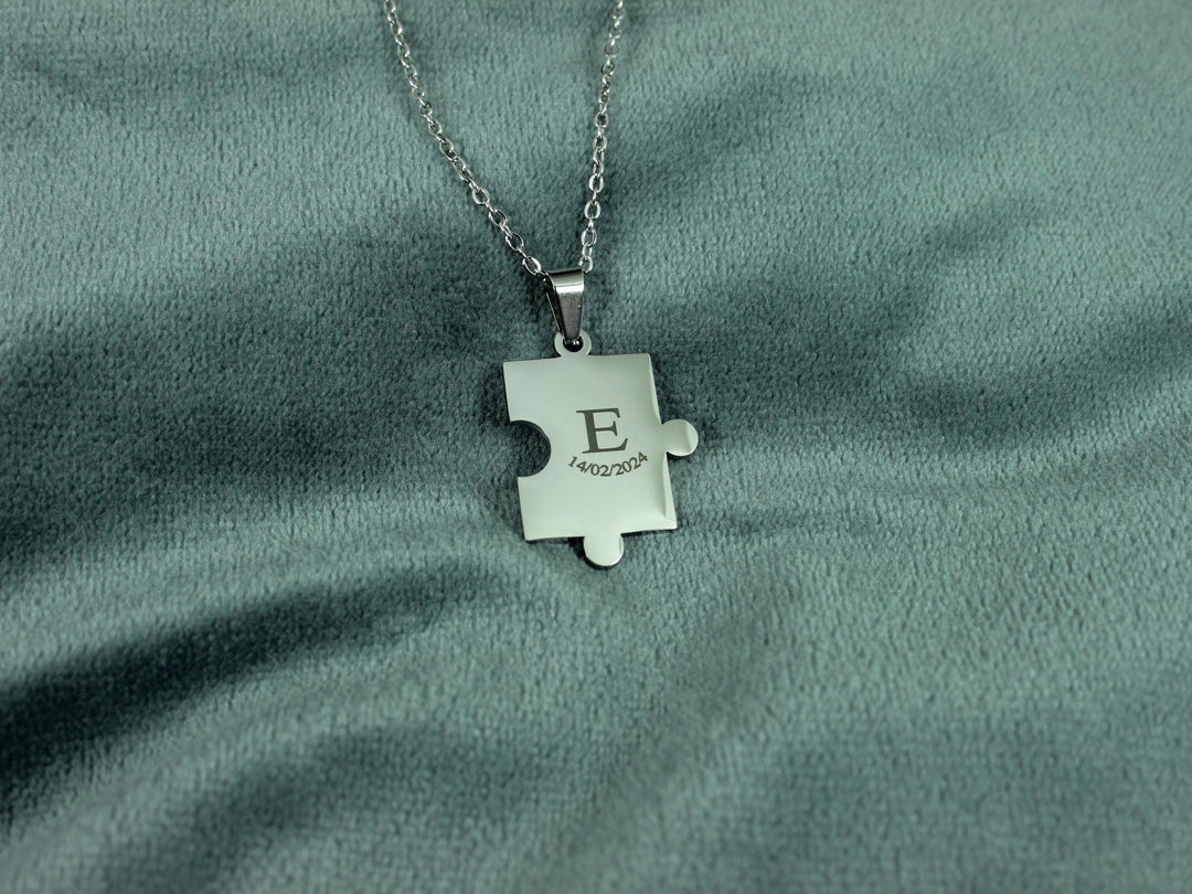 Puzzle Piece Necklace, Custom Initial and Date
