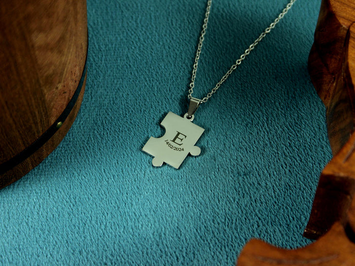 Puzzle Piece Necklace, Custom Initial and Date