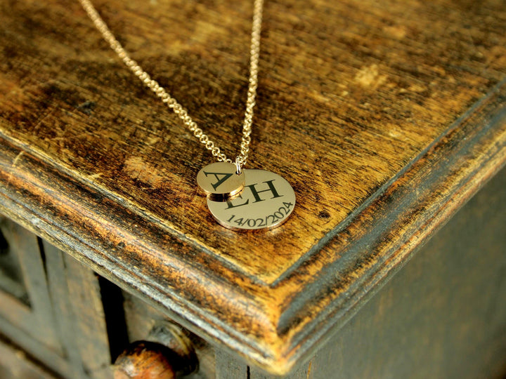 Rose Gold Double Circle Initial & Date Necklace