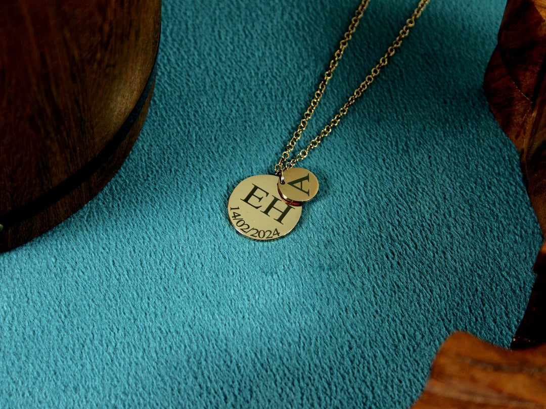 Rose Gold Double Circle Initial & Date Necklace
