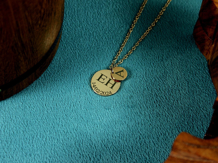 Rose Gold Double Circle Initial & Date Necklace